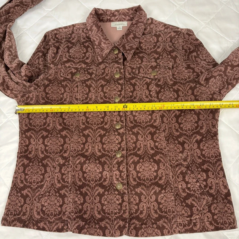 Dressbarn Corduroy Jacket Womens XL Brown Damask Print Snap Button Shacket‎